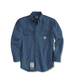Carhartt Men's Flame Resistent Button Down Twill Shirt With Chest Pockets - Navy