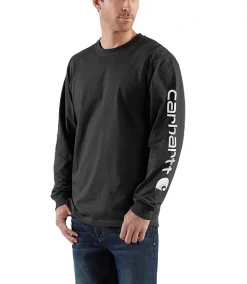 Carhartt Men's Signature Logo Loose Fit Heavyweight Long Sleeve Graphic T Shirt - Black