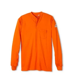 Bulwark Men's EXCEL FR Flame Resistant Cotton Long Sleeve Henley Shirt - Orange