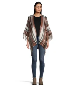 Denver Hayes Women's Plaid Fringe Ruana Shawl -Helly Hansen shop 389433 6DUEDHF2 HG1460 PROD 1 BROWN