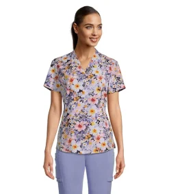 HEALTH PRO Women's Contour Side Print Scrub Top - Dew Bloom